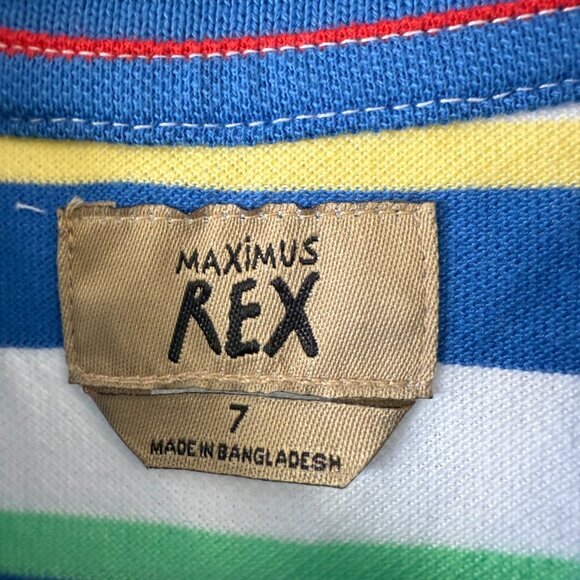Maximum Rex Blue, Red, Green, & Yellow & White Striped Short Sleeve Polo Shirt - Picture 3 of 4